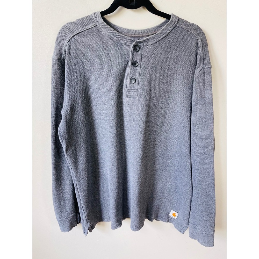 Carhartt Mens Relaxed Fit Waffle Knit Henley Shirt Gray Long Sleeve casual work